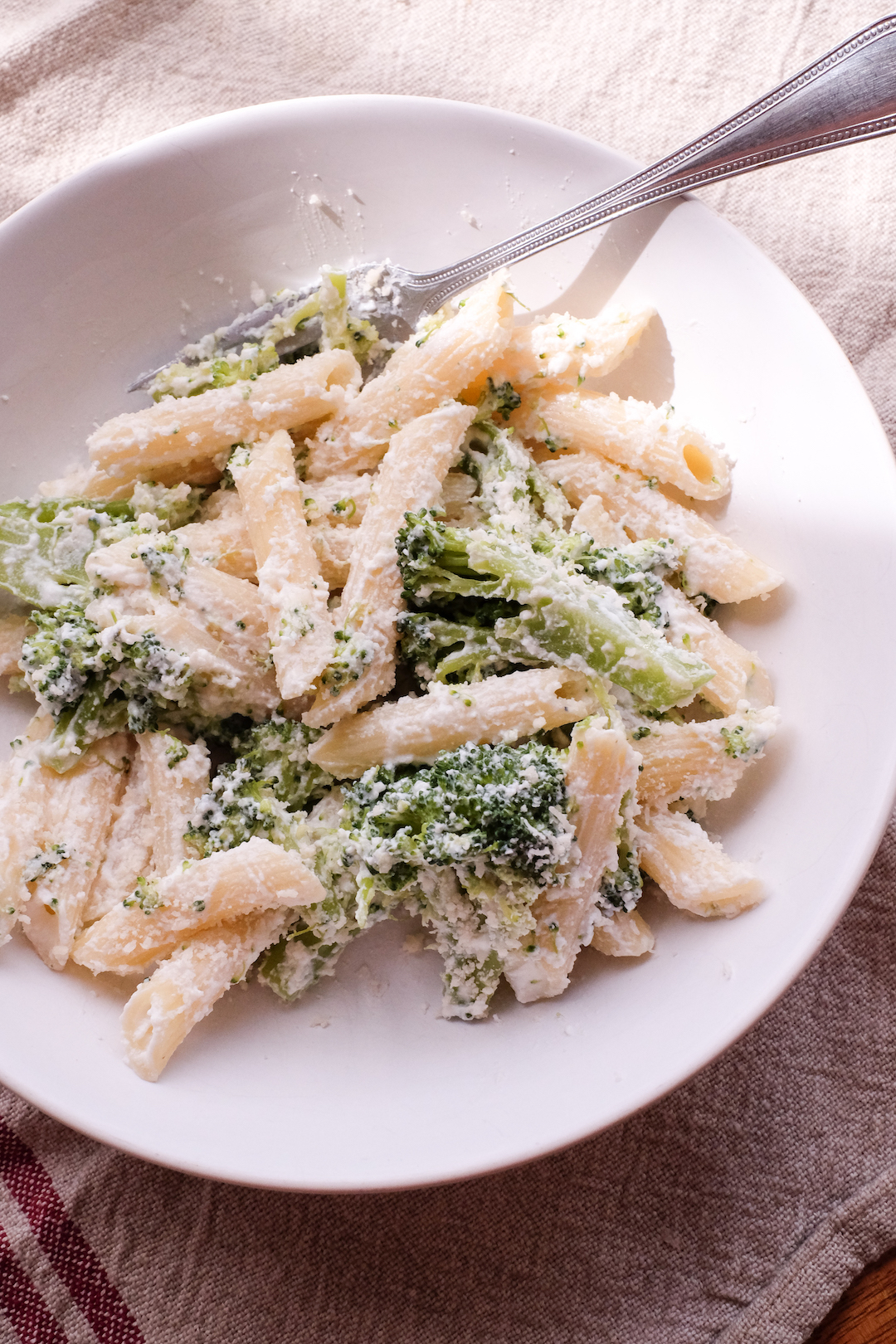 Broccoli ricotta pasta portrait close up