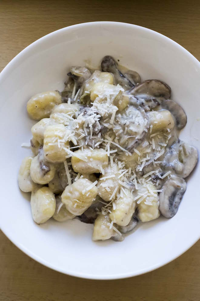 Gnocchi with Creamy Mushroom Sauce Recipe bowl birdseye